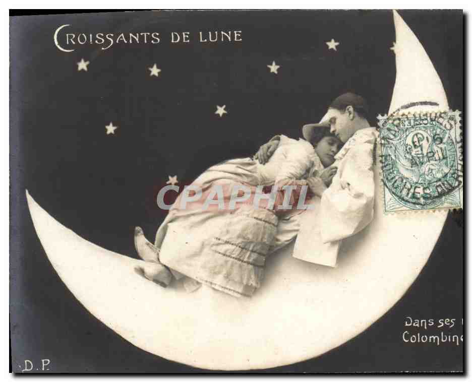 CPA Fantaisie Lune Femme Croissants de lune Pierrot Colombine