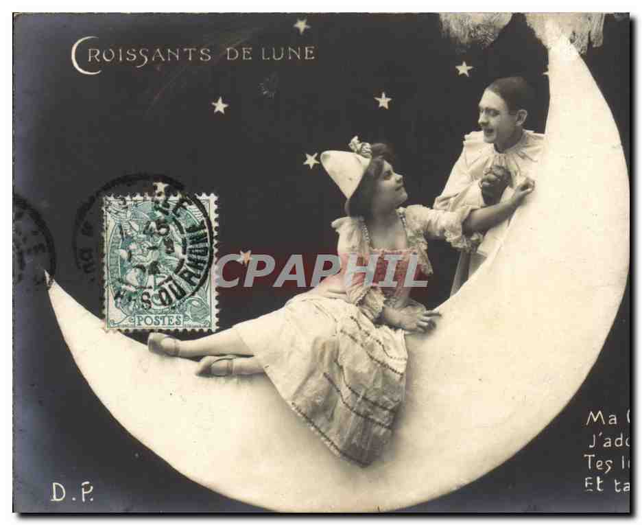 CPA Fantaisie Lune Femme Croissants de lune Pierrot Colombine