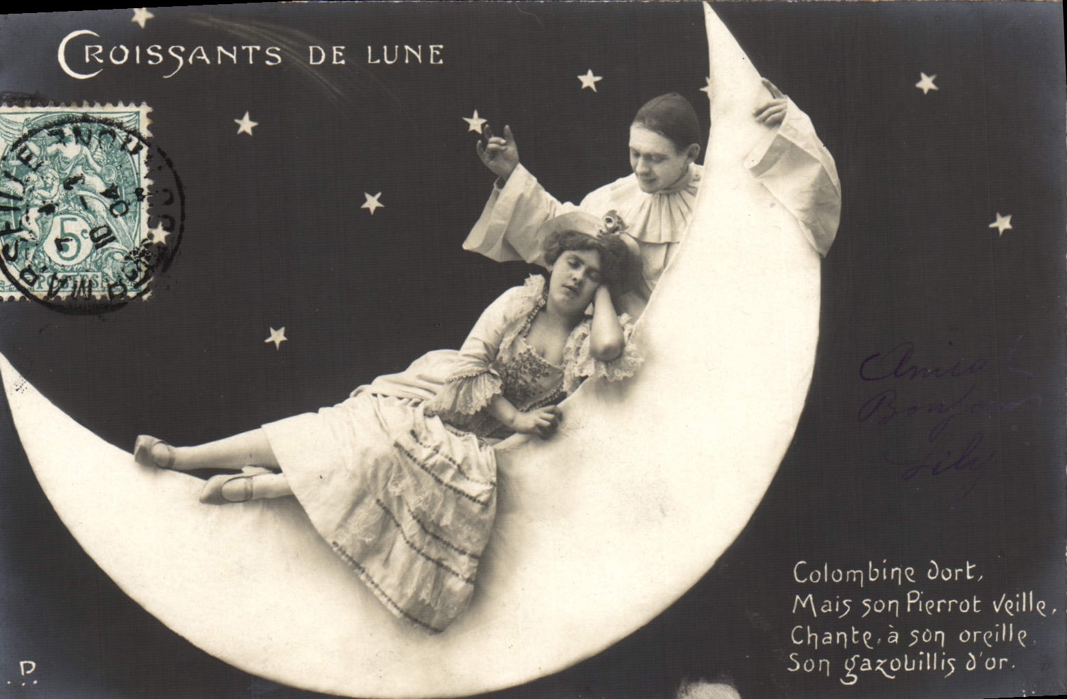 CPA Fantaisie Lune Femme Croissants de lune Pierrot Colombine
