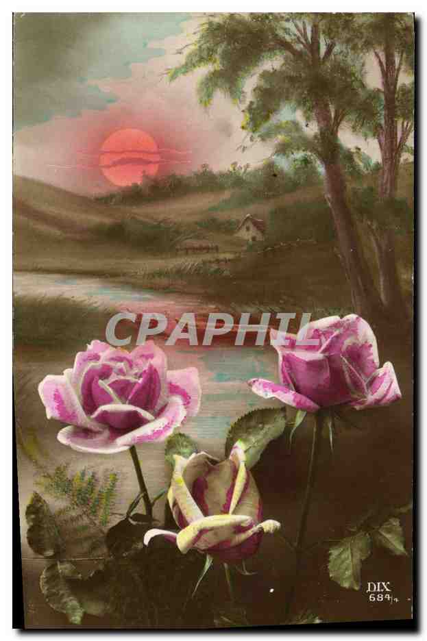 CPA Fantaisie Lune Fleurs Roses