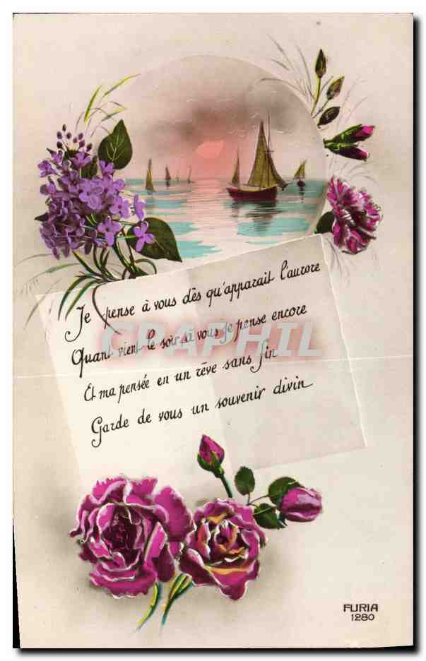 CPA Fantaisie Lune Fleurs Bateau