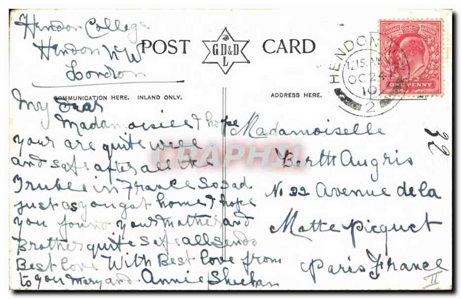 Miss Lud. — Portrait d'une jeune femme en robe de style 1910 — éditeur G.D.&D. Card — Verso
