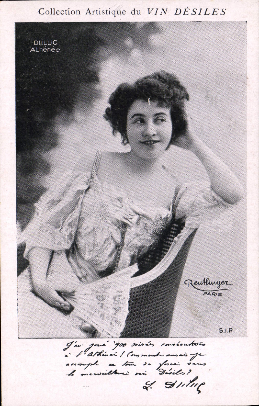 Athénée — Sujet : femme en robe à dentelle — Collection Artistique du VIN DÉSILES, éditée par Rewlunger, Paris, S.I.P.