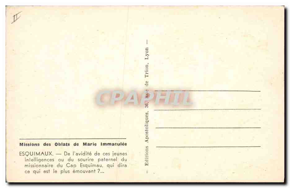 CPA Polaire Missions des oblats de Marie Immaculee Esquimaux — Rückseite