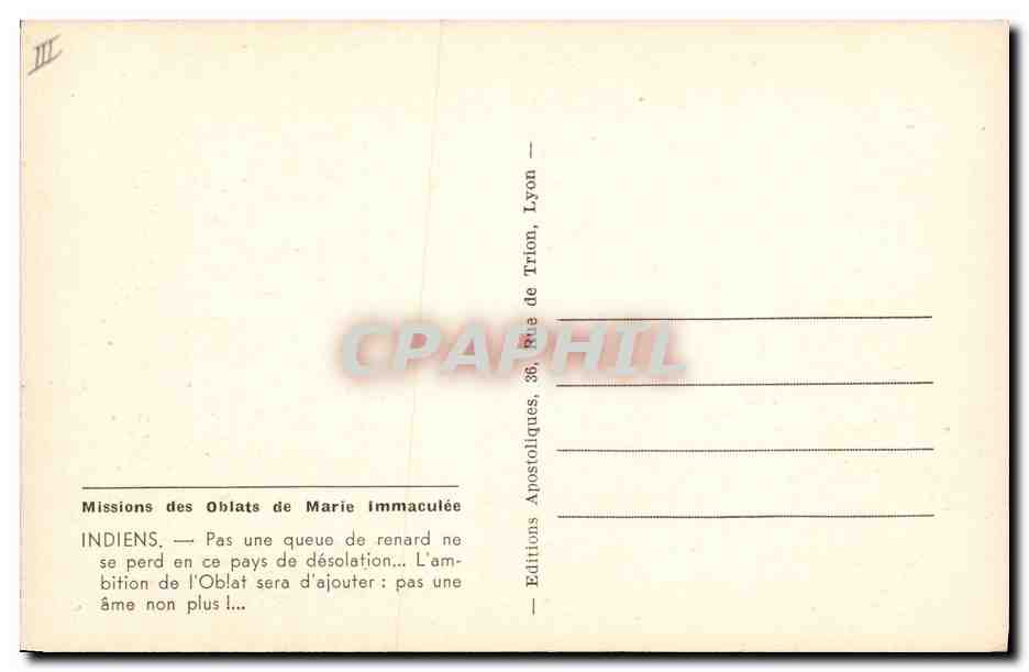 CPA Polaire Missions des oblats de Marie Immaculee Indiens  — Rückseite
