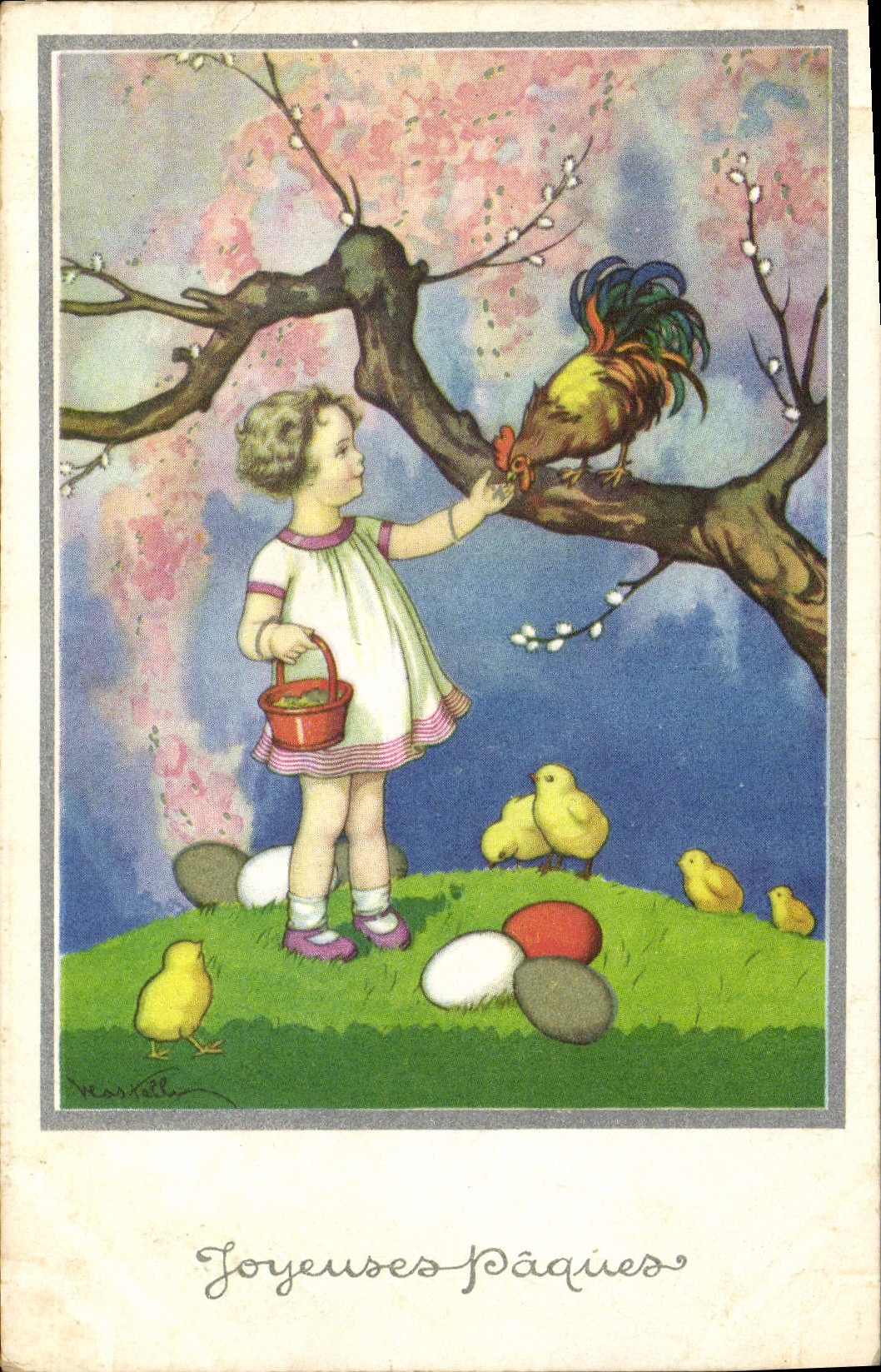 CPA Fantaisie Illustrateur Enfant Coq Paques Oeufs