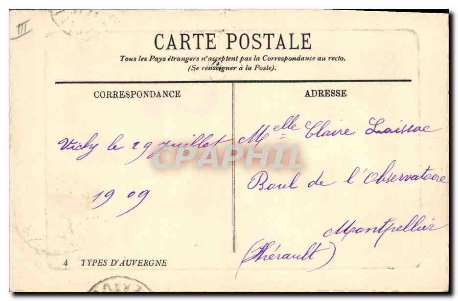 La Bourrée — Types d'Auvergne — Éditeur Types d'Auvergne, n°4 — Verso