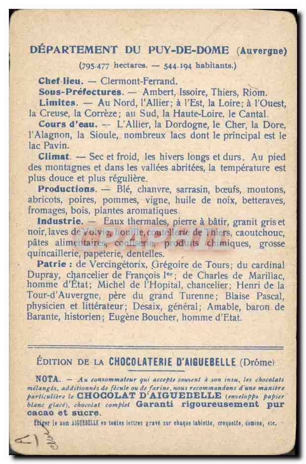 CPA Carte geographique Puy de Dome Chocolaterie d'Aiguebelle  — Verso