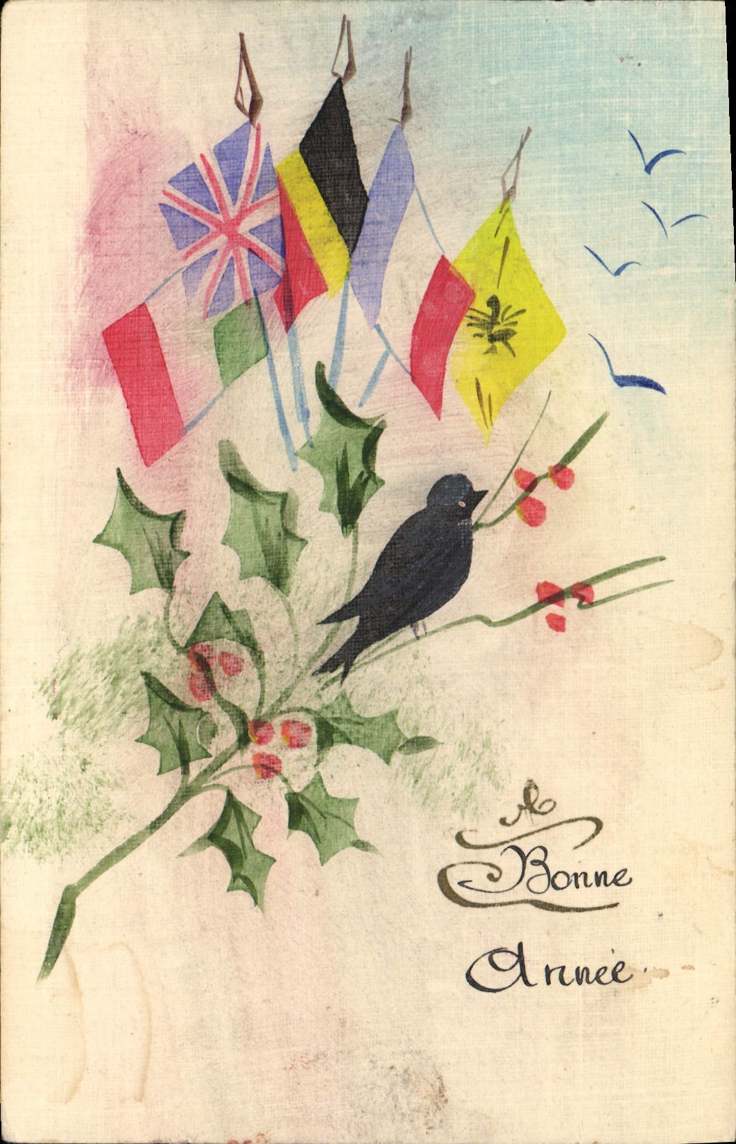 CPA Fantaisie (dessin a la main) Drapeaux