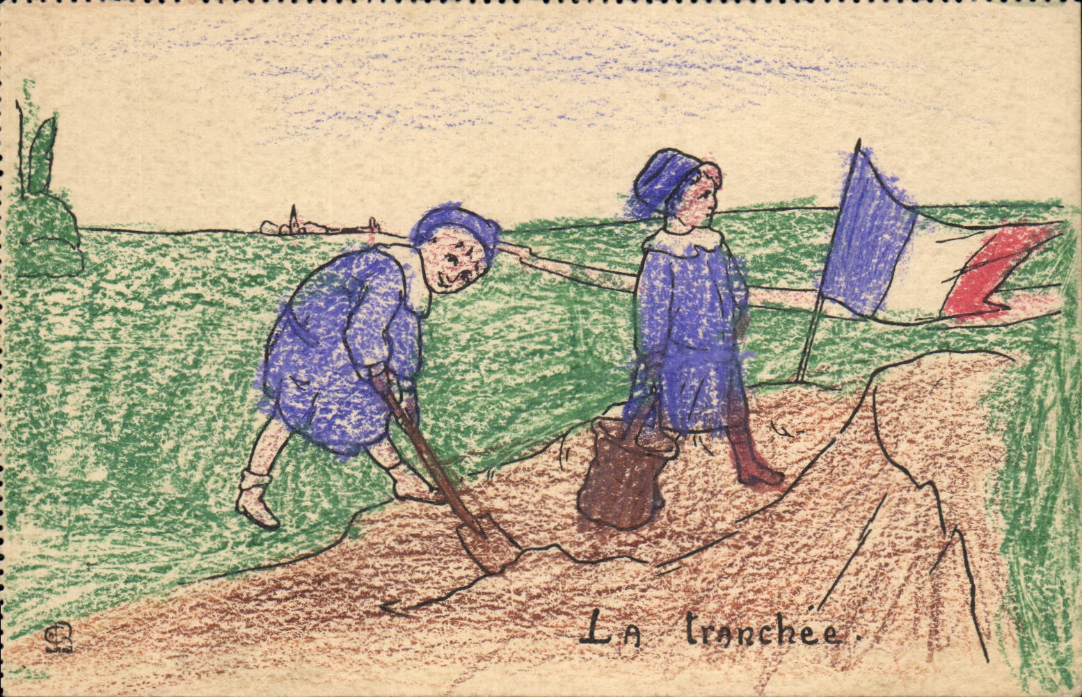 CPA Fantaisie (dessin a la main) Enfants La tranchee Militaria 