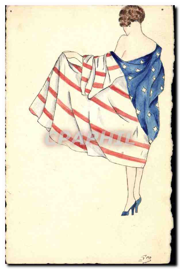 Femme en robe aux couleurs du drapeau américain — dessin — éditeur inconnu, n° de série non visible