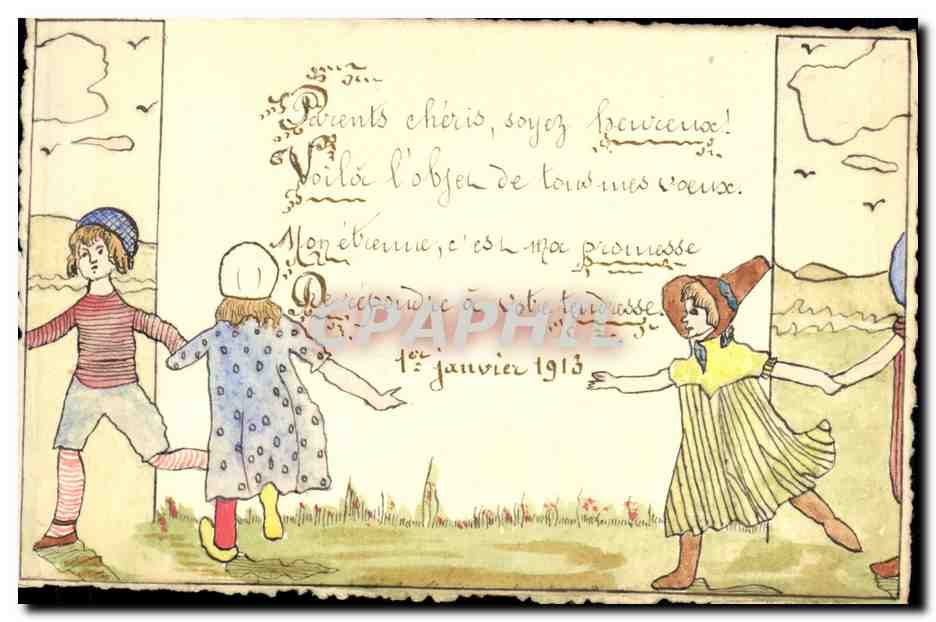 Enfants jouant — dessin coloré — datée 1er janvier 1913