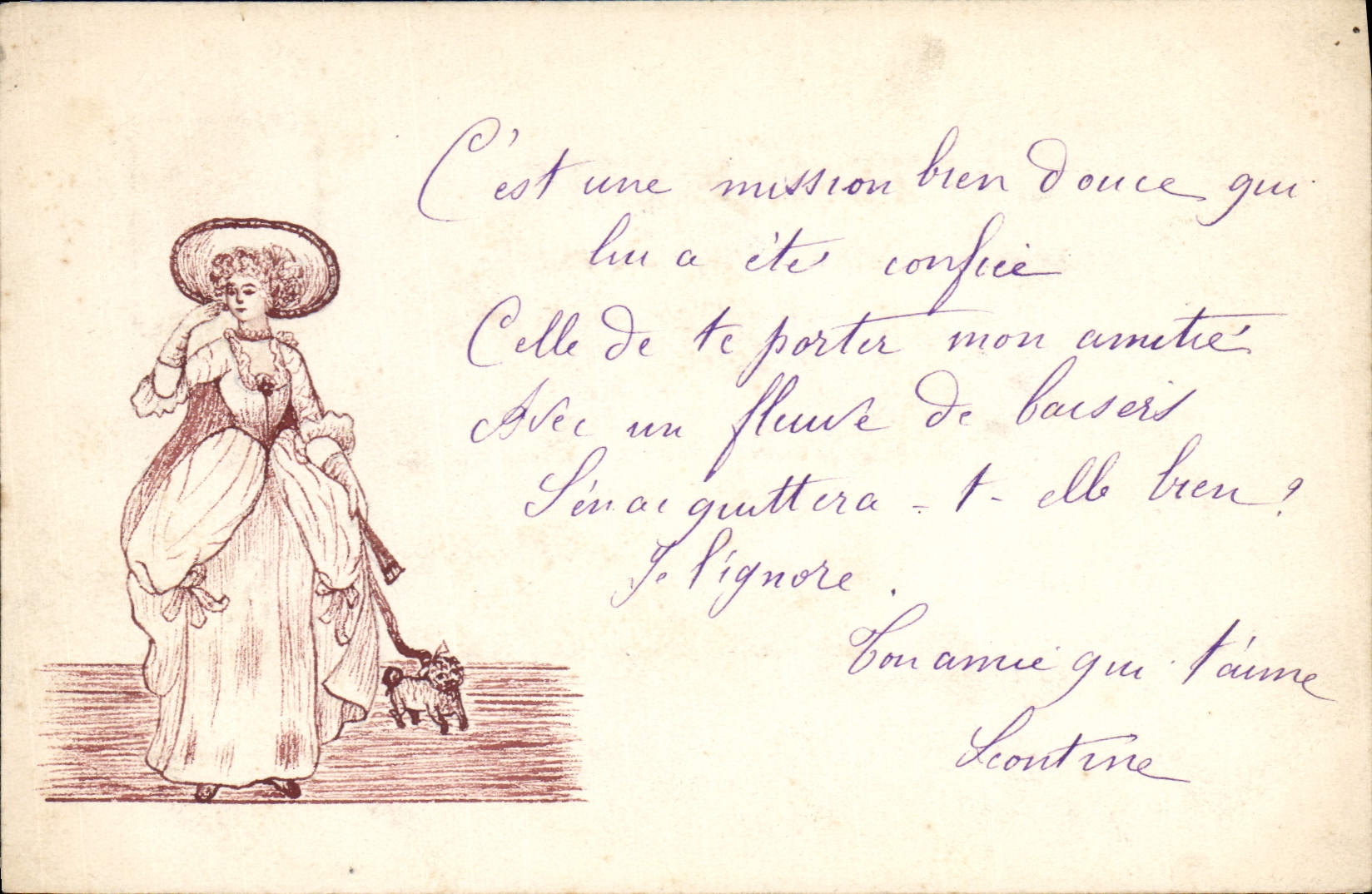 Femme en robe et chapeau — avec petit chien — texte imprimé et manuscrit — éditeur CPAPHIL