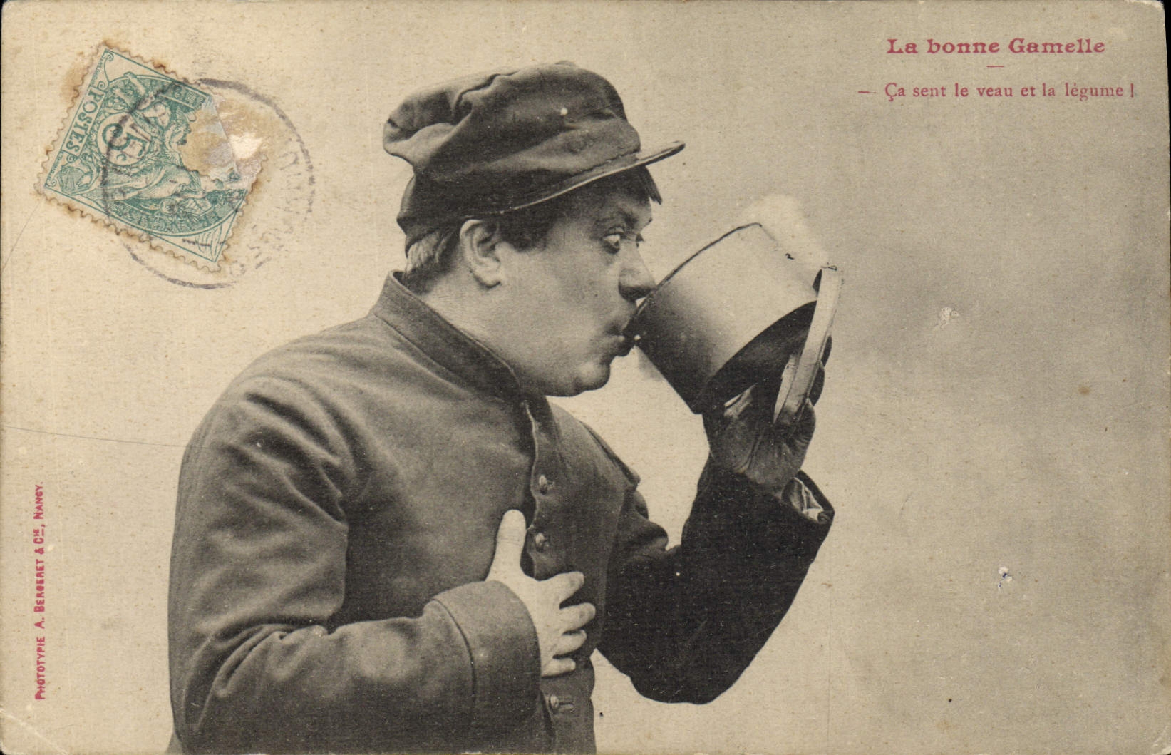 Soldier drinking from a mess tin — La bonne Gamelle — Phototype A. Beneney & Cie, Nancy