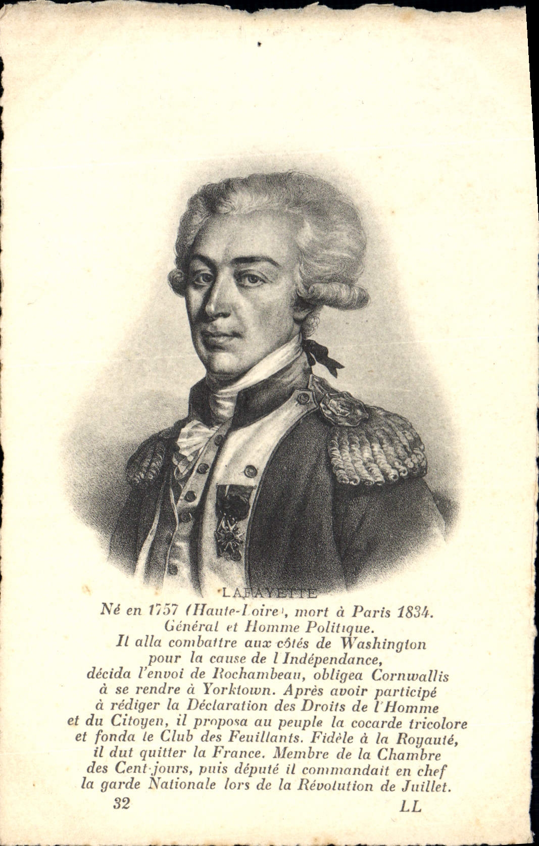 Marquis de Lafayette — Général et Homme Politique — LL n°32