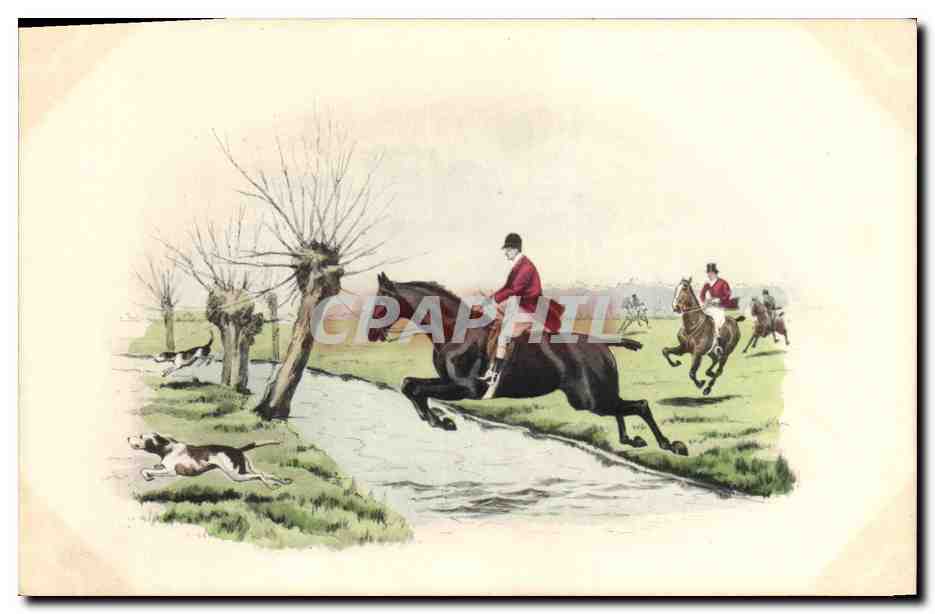Chasse à cheval — cavaliers en tenue de chasse traversant un ruisseau — M. M. Vienne