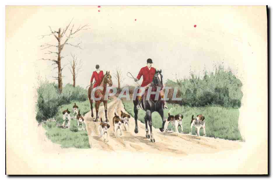 Chasse à courre — cavaliers en tenue rouge et chiens de chasse — M. M. VIENNE