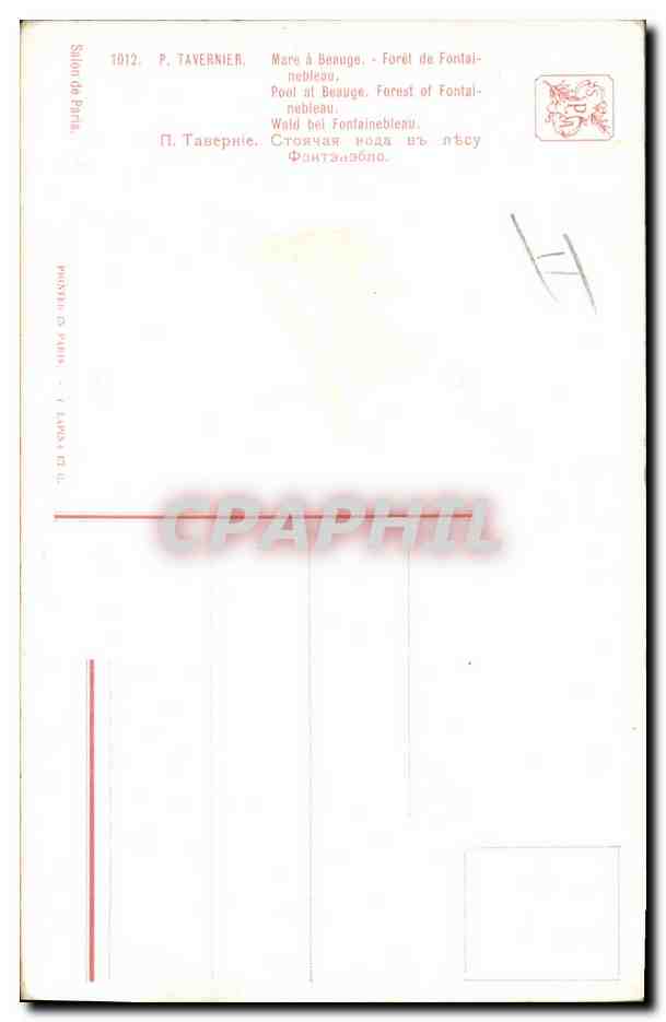 Forêt de Fontainebleau — Mare à Benauge — P. Taver nier, n°1012 — Verso