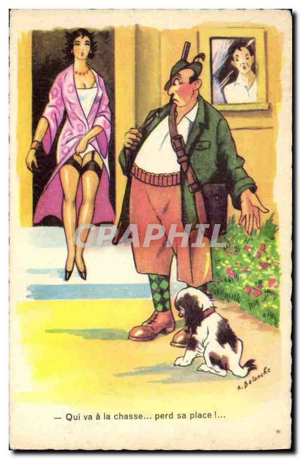 Chasseur et femme — caricature humoristique — A. Balanche, éditeur La Rose, n°1122