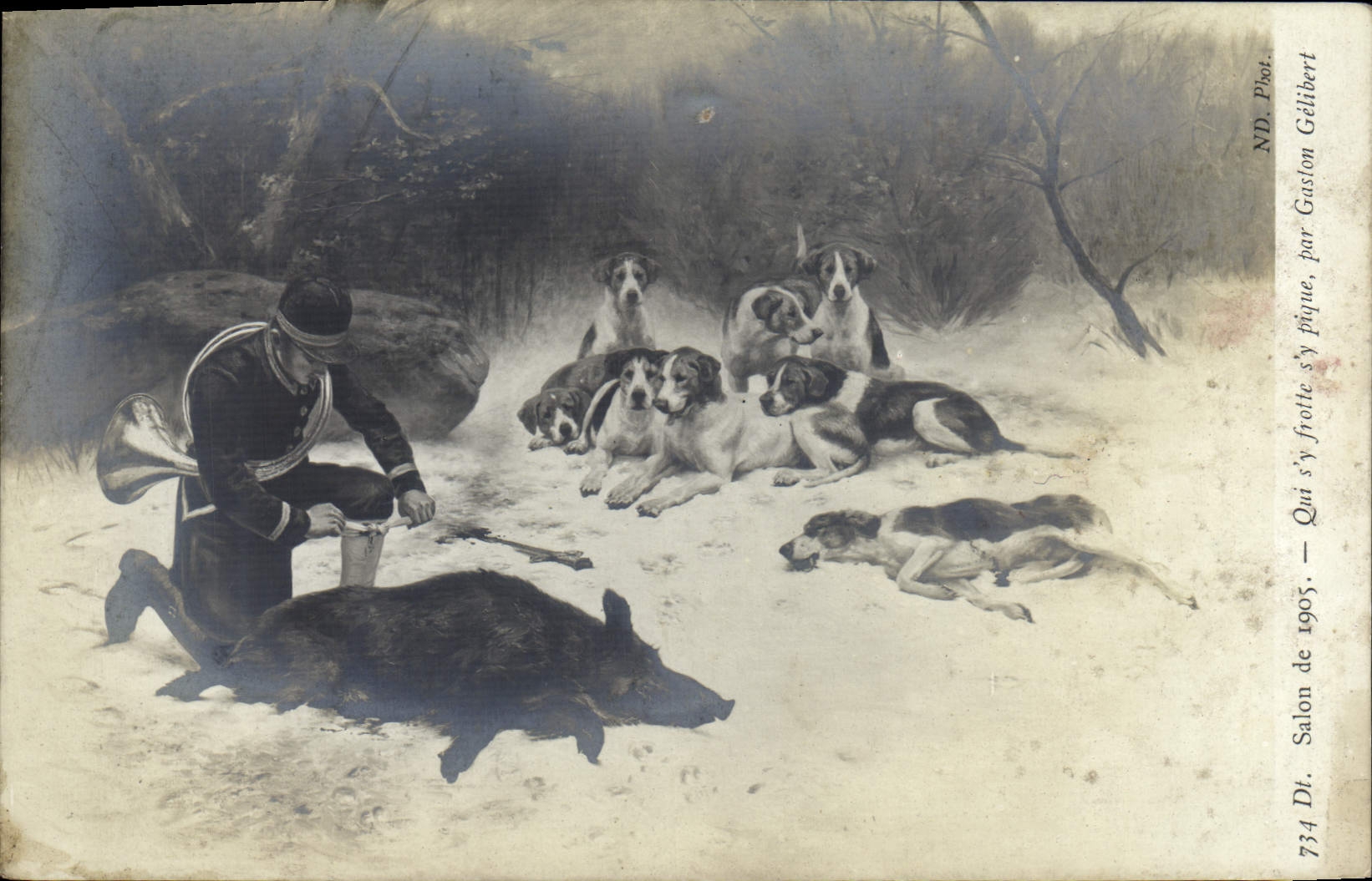 Chasse au sanglier — Soldat et chiens dans la neige — par Gaslon Gélibert, n° 734