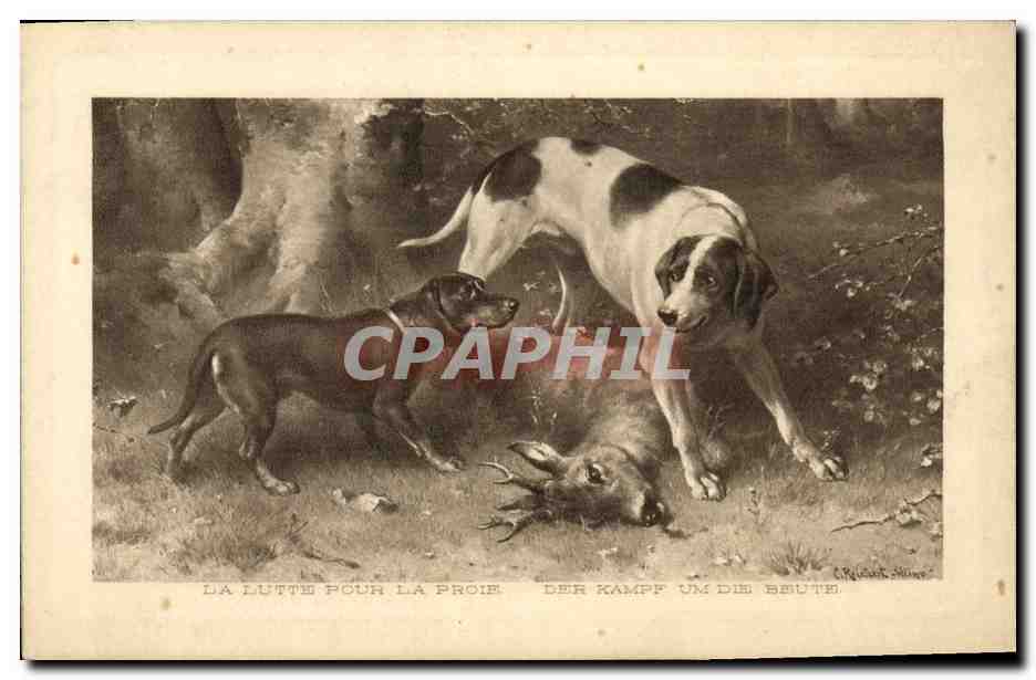 Chiens en pleine chasse — La lutte pour la proie — Éditeur G. Béguin, n° 1777