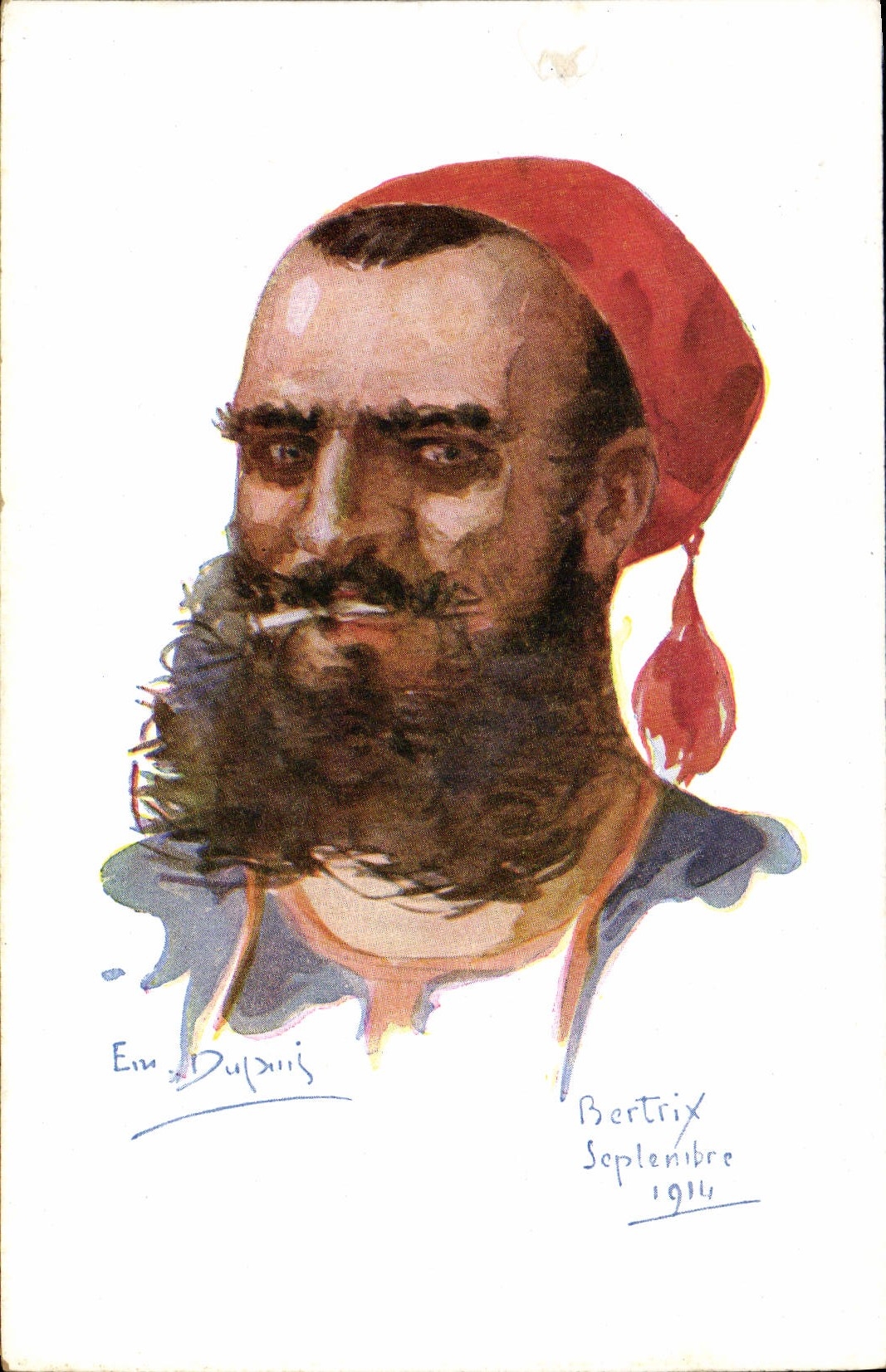 Portrait d'un homme barbu — peinture à l'aquarelle — signé Em. Dupuis, Bertrix, septembre 1914