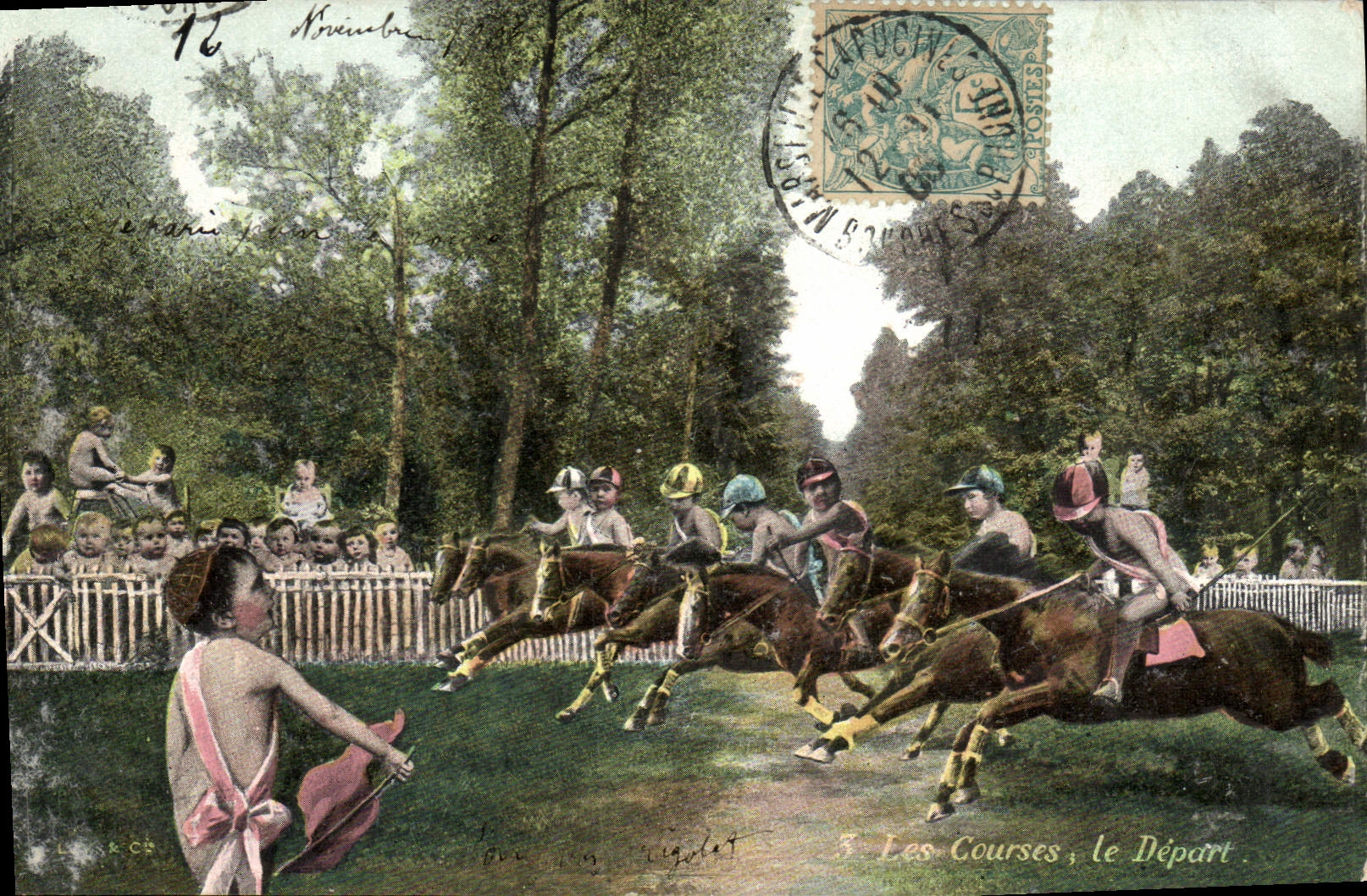 CPA Fantaisie Enfant Bebe Les courses Le depart Hippisme