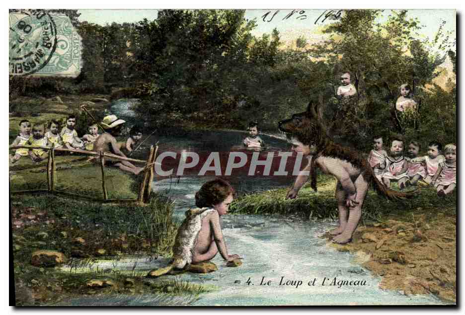 CPA Fantaisie Enfant Bebe Le loup et l'agneau