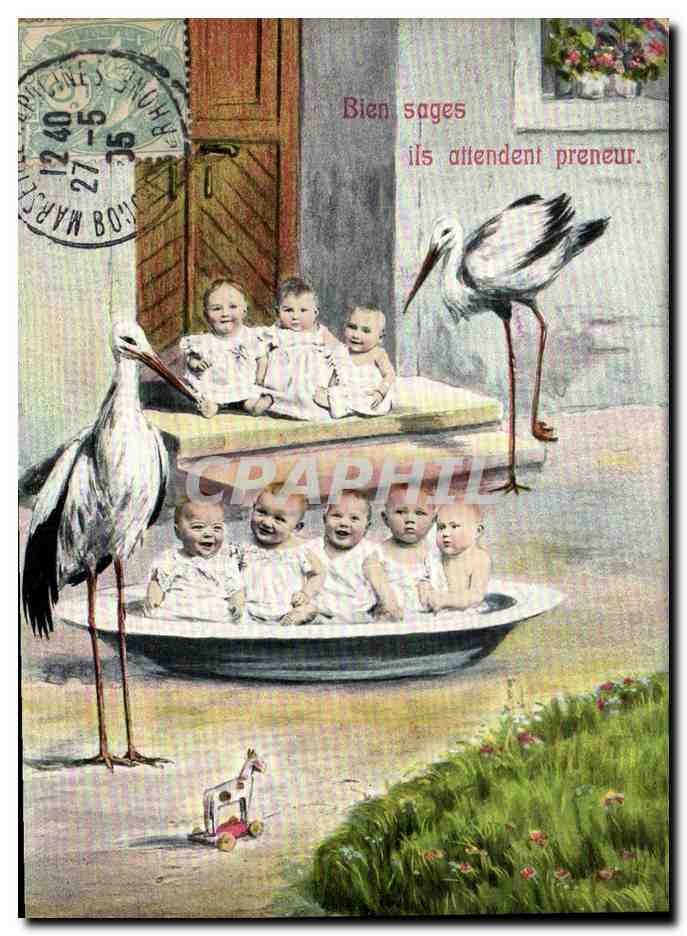 CPA Fantaisie Enfant Bebe Bien sages ils attendent preneur Cigogne