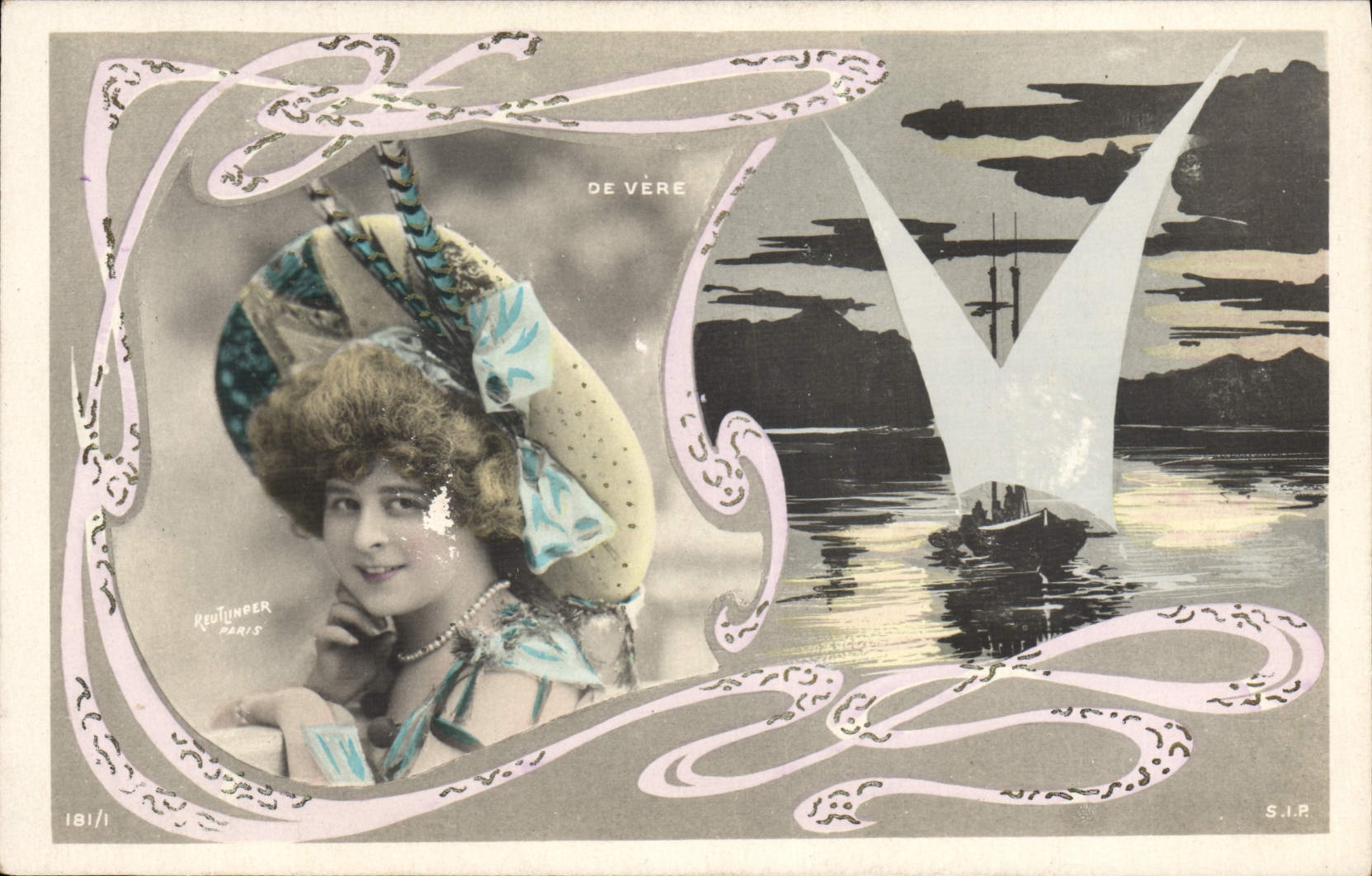 Femme en chapeau orné — paysage marin avec voile — De Vére — éditeur Reutlinger Paris, n° 181/1