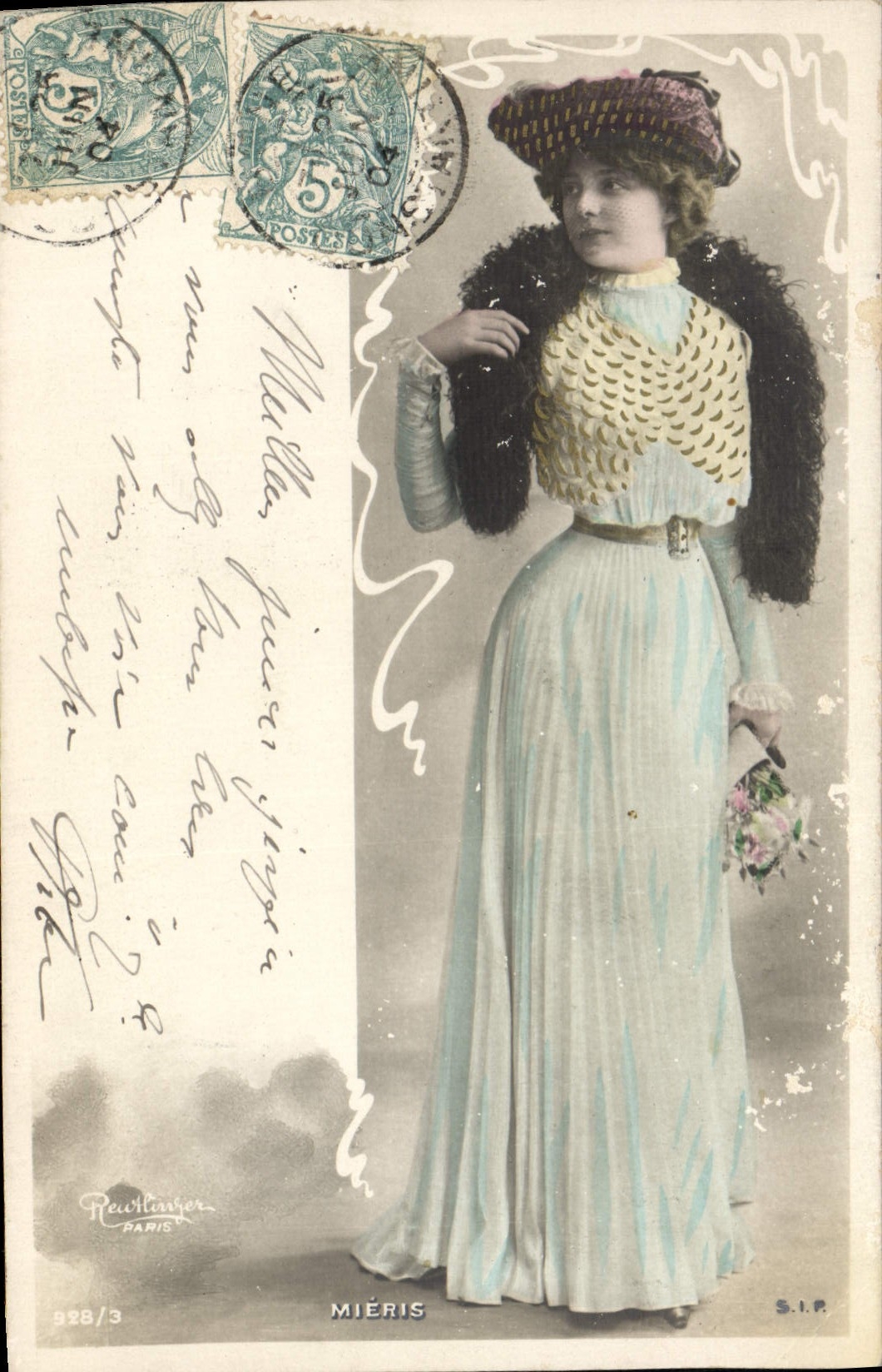 Femme en robe bleue et manteau fourré — MIÉRIS — S.I.P. — n° 928/3