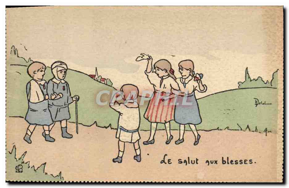 CPA Fantaisie Illustrateur Enfants Le salut aux blesses Militaria 