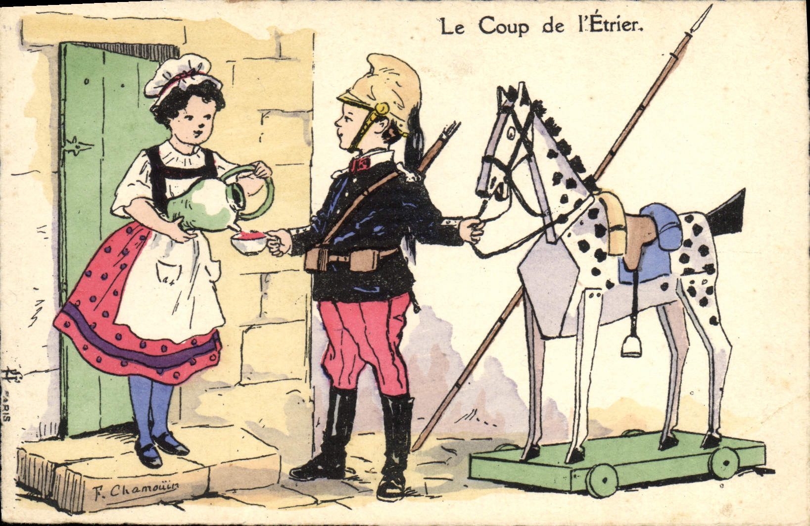 CPA Fantaisie Illustrateur Le coup de l'etrier Cheval militaria 