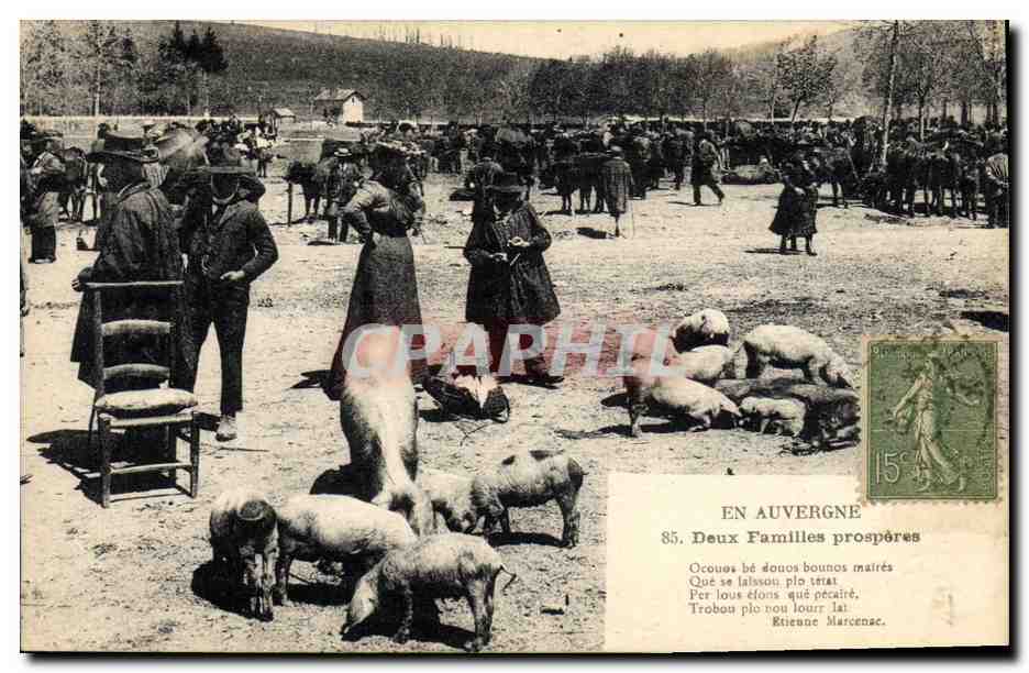 CPA Folklore Auvergne Deux familles prosperes Cochons Porcs Marche