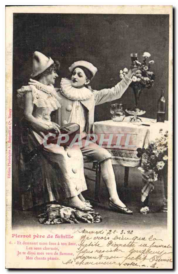 Pierrot père de famille — scène de théâtre — Édition Phototypie A. Jangére et Cie, Nancy