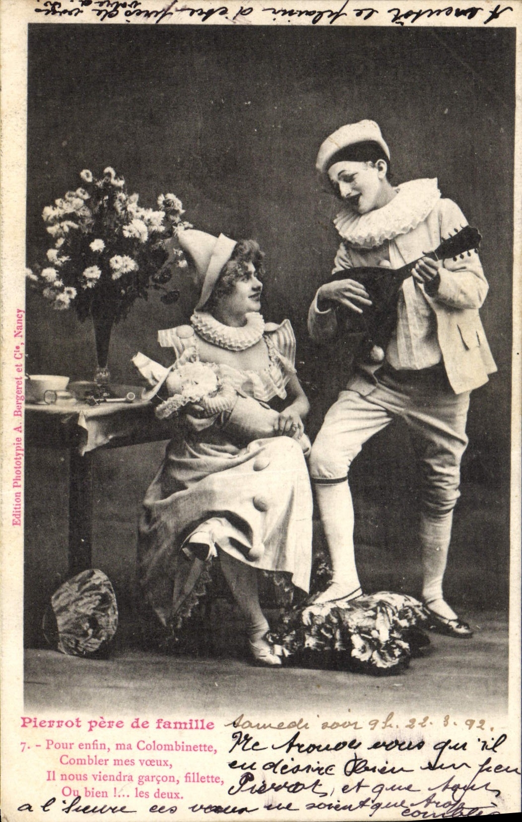 Pierrot père de famille — scène de théâtre — Édition Phototypie A. Bergener et Cie, Nancy