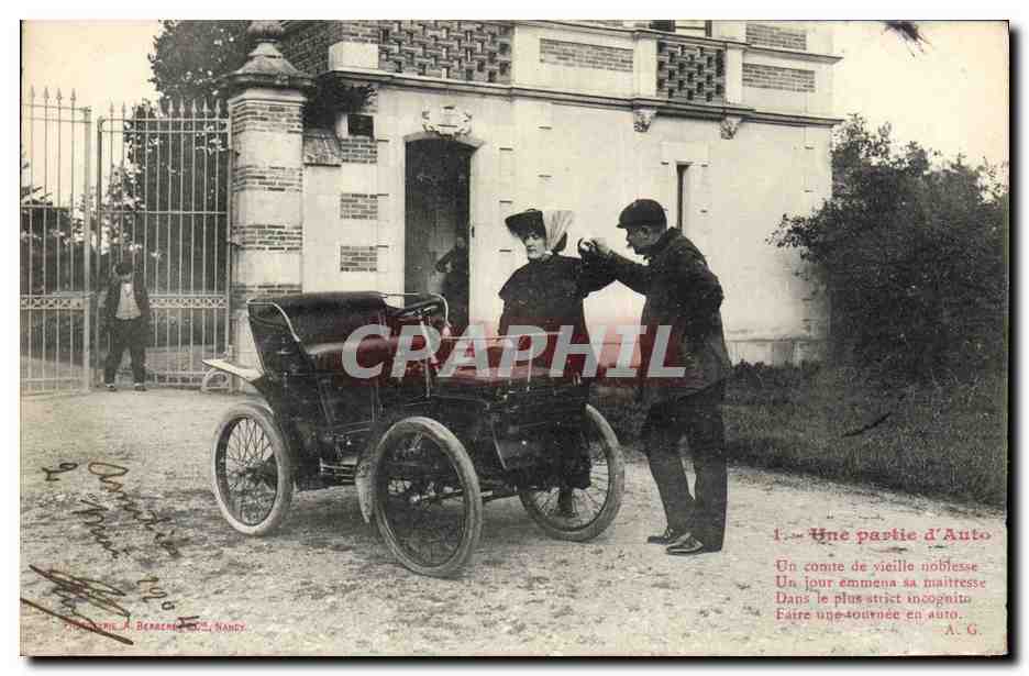 Une partie d'Auto — Un comte de vieille noblesse emmena sa maîtresse dans le plus strict incognito — Phot. A. Berrenes & Cie, Nancy