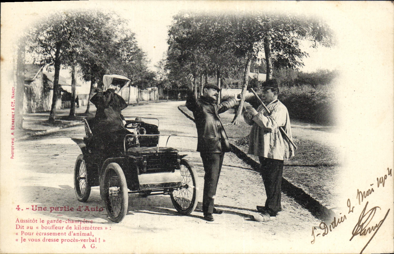 Une partie d'Auto — scène humoristique avec voiture ancienne et deux hommes — Phototypie A. Bernebat & Cie, Nancy, n°4