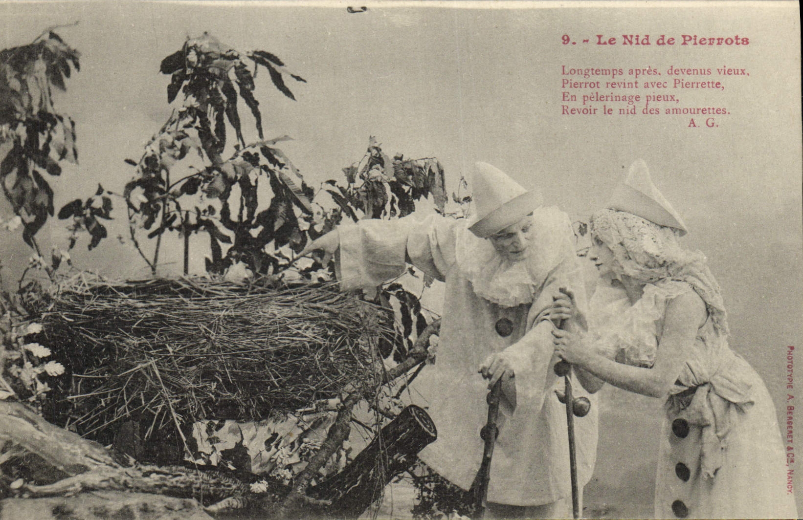 Le Nid de Pierrots — scène de Pierrot et Pierrette — Phototype A. Berenett & Cie, Nancy