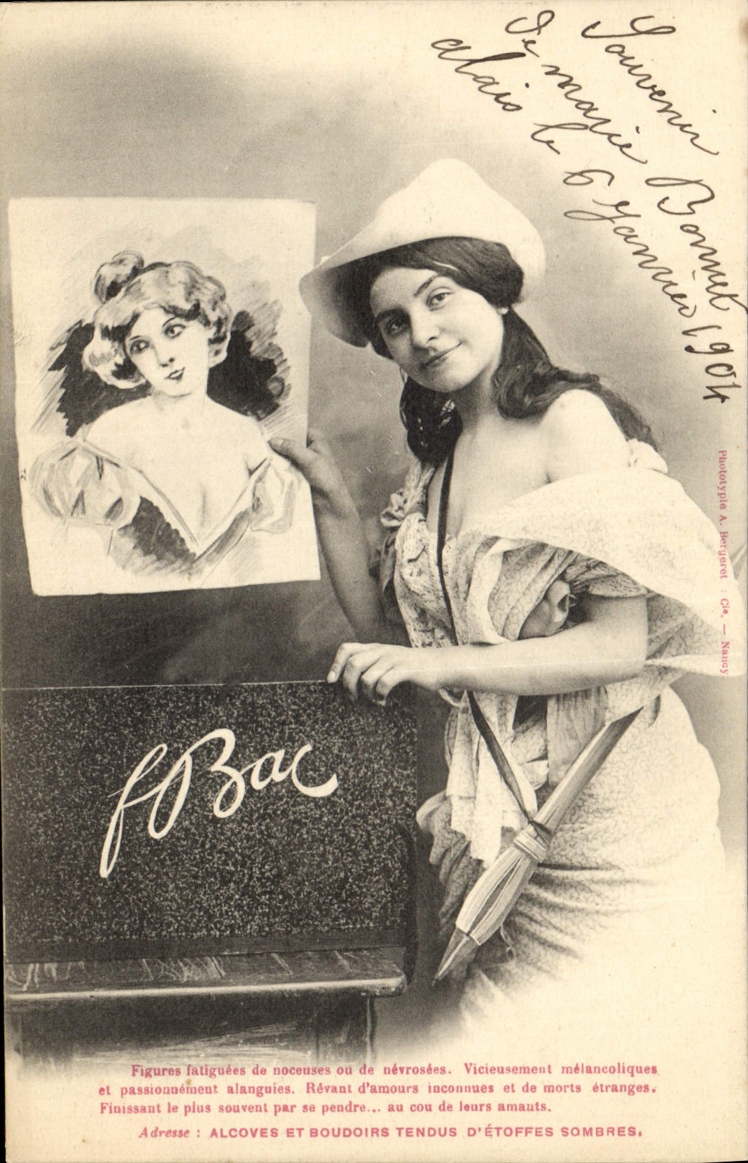 Femme artiste avec portrait — phototypie A. Berguérat, Nancy — n° de série non visible
