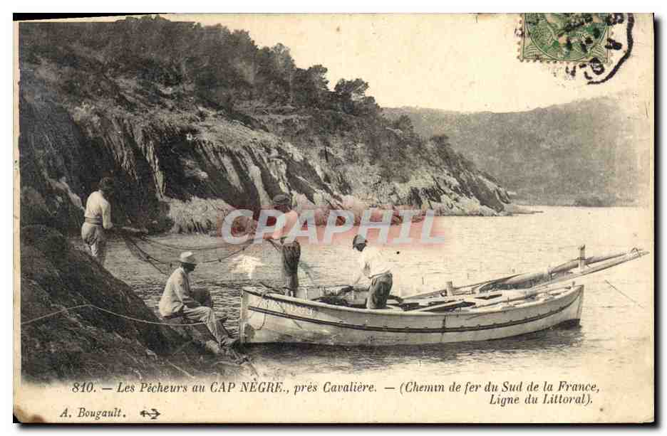 Les Pêcheurs au CAP NÉGRE, près Cavalière — Chemin de fer du Sud de la France, Ligne du Littoral — A. Bougault, n°810