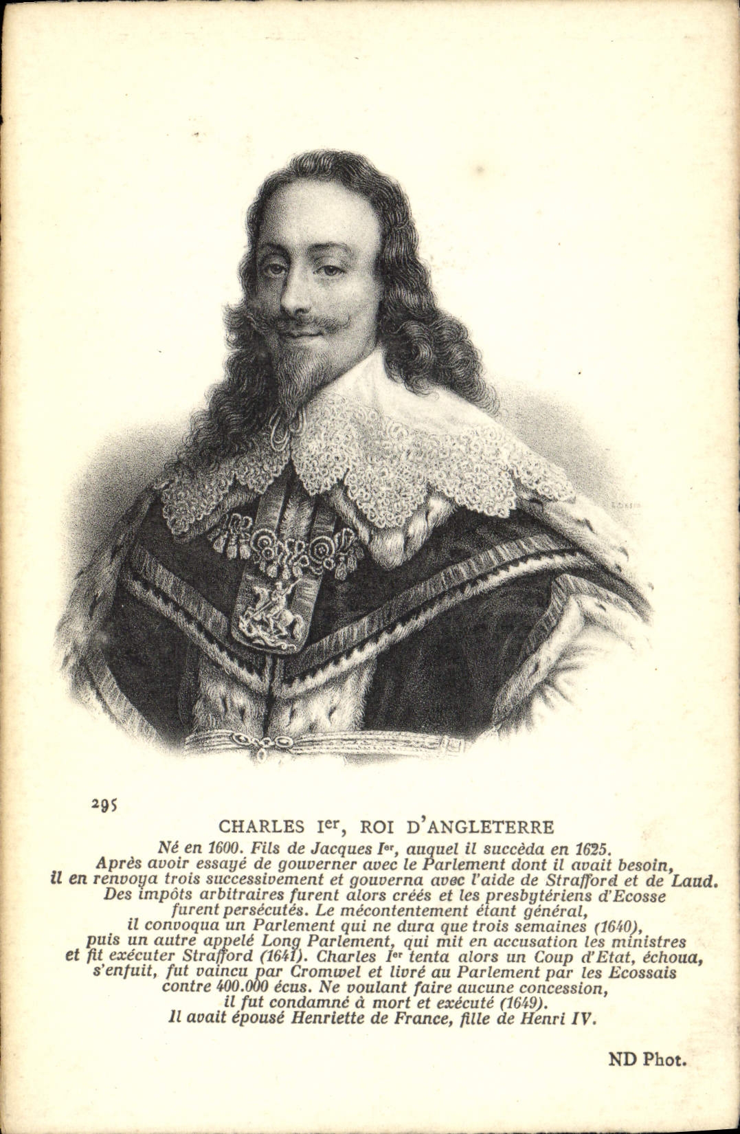 Charles Ier, roi d'Angleterre — portrait gravé — ND Phot.