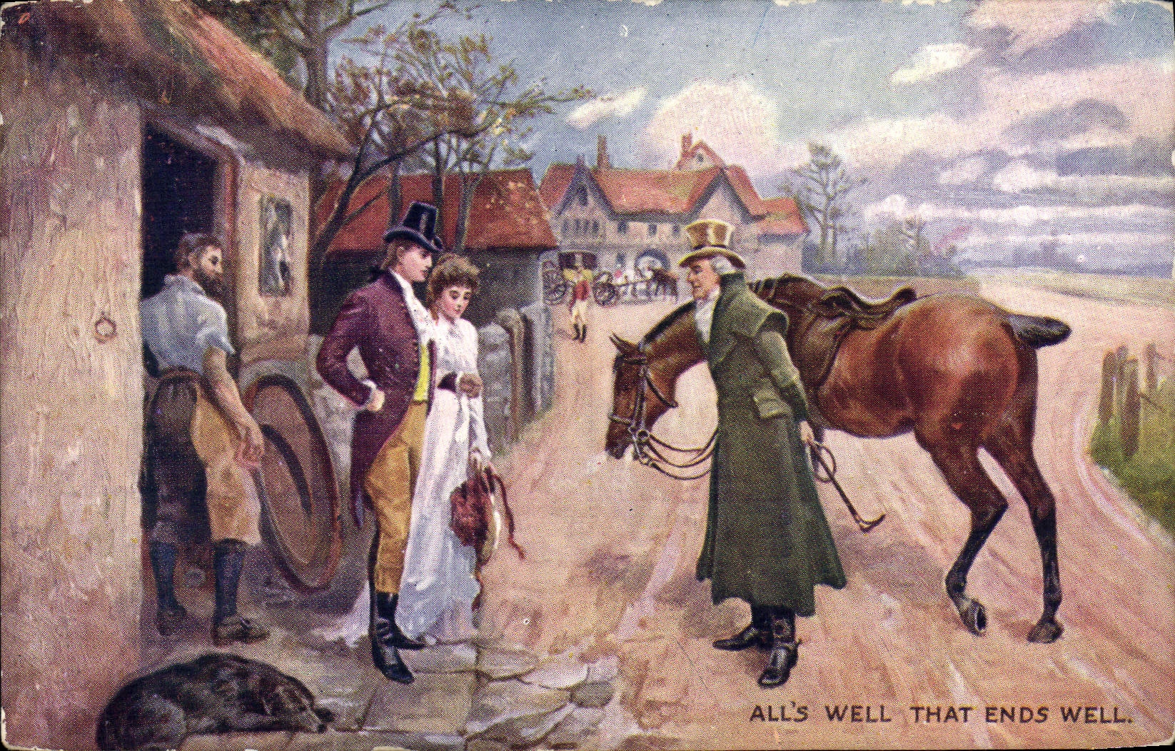 Scène de village — 'ALL'S WELL THAT ENDS WELL' — Tuck & Sons, n° 9649