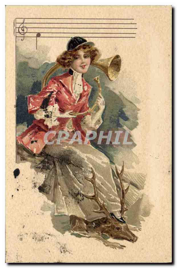Femme en robe rouge jouant d'un cor — sur un cerf — éditeur non visible