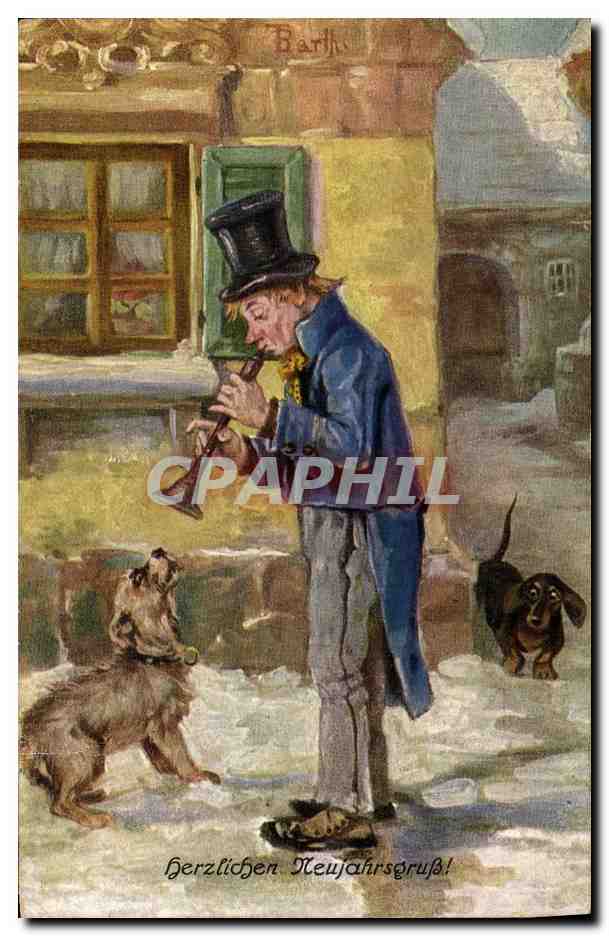 Homme en haut-de-forme jouant d'un instrument — scène hivernale avec chiens — Barth, éditeur
