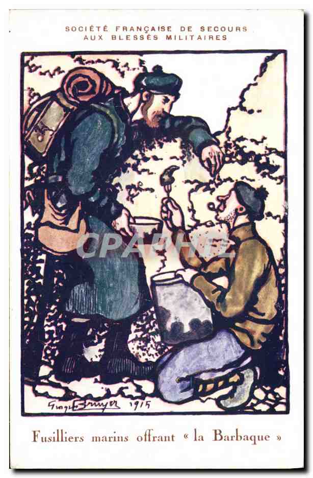 Fusiliers marins offrant « la Barbaque » — Société Française de Secours aux Blessés Militaires, gravure de Georges Breyer, 1915