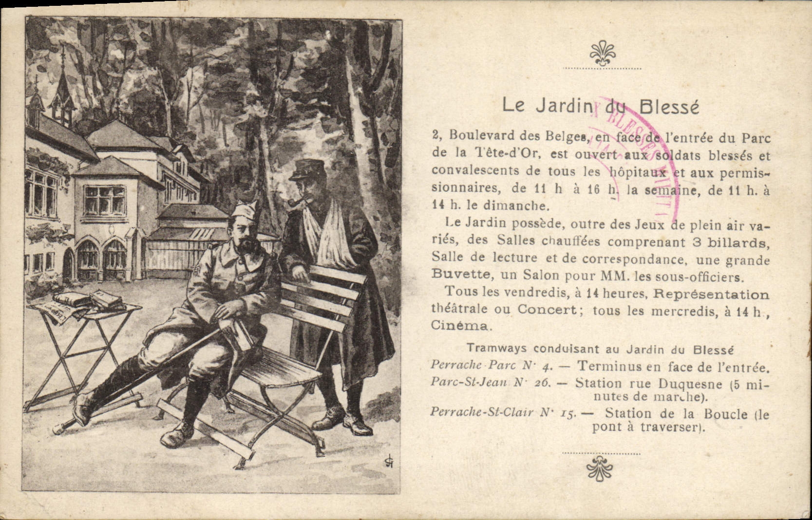 CPA Militaria Sante Le jardin du blesse Lyon Entree du Parc de la Tete d'Or Boulevard des Balges