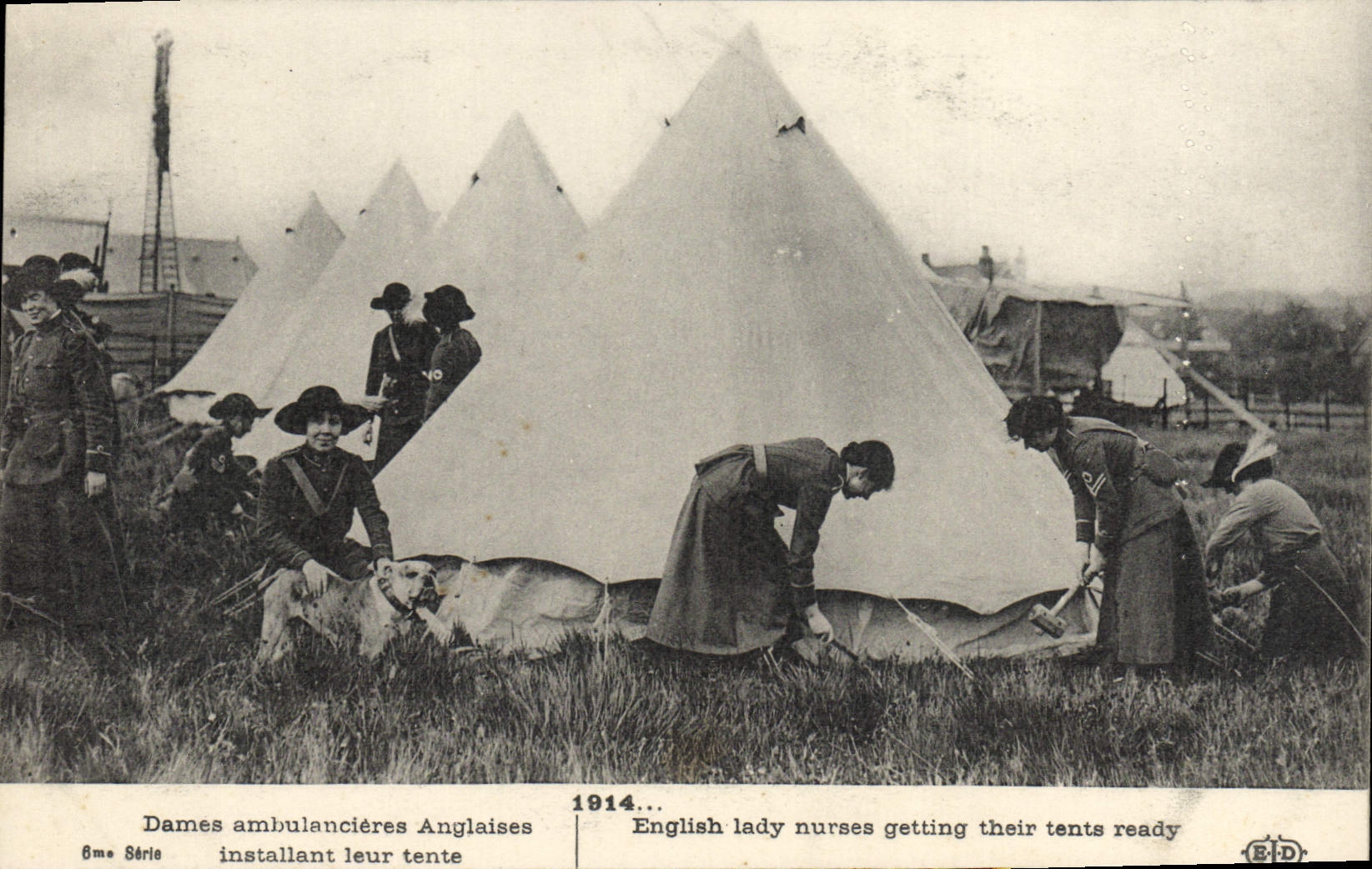 Dames ambulancières Anglaises installant leur tente — 1914 — E.D. — 6me Série