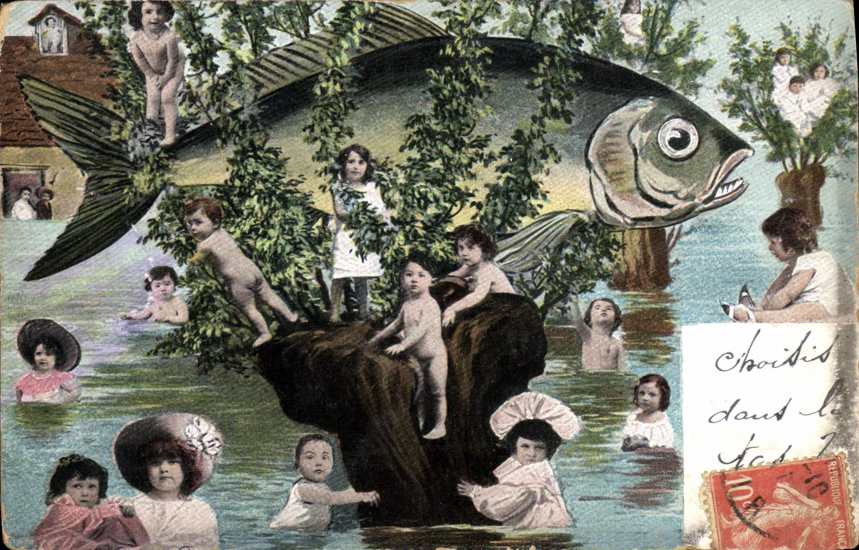 Enfants jouant dans un grand poisson — illustration fantastique — éditeur non visible