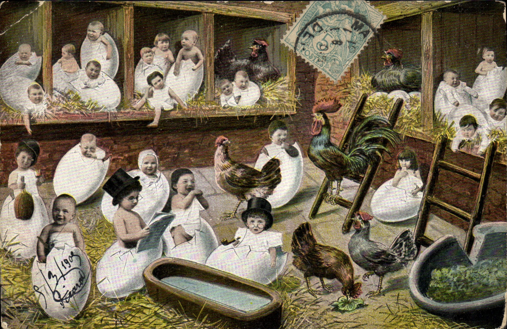 Tarjeta postal antigua Fantasía Niño Bebé Gallo